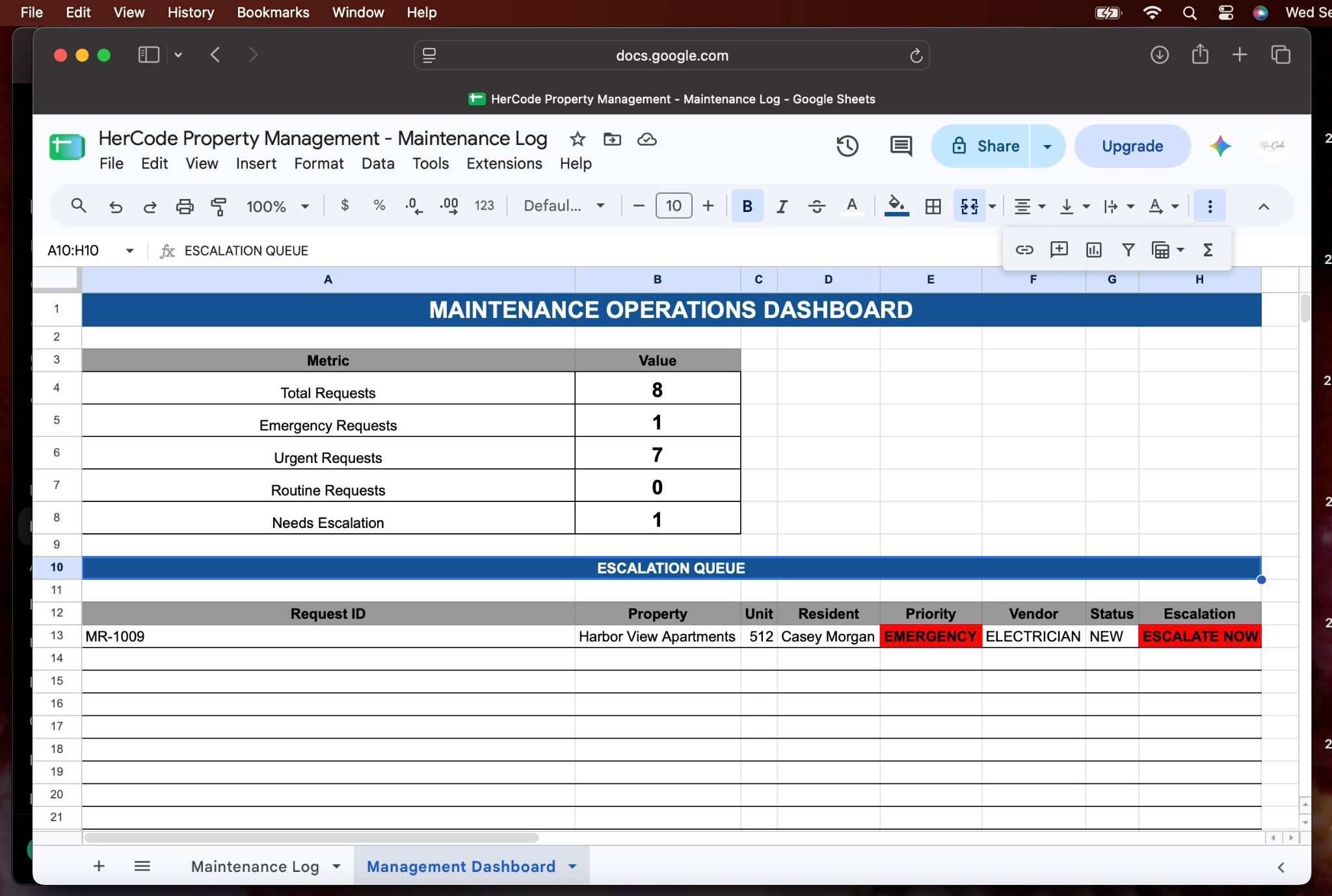 HerCode maintenance operations management dashboard